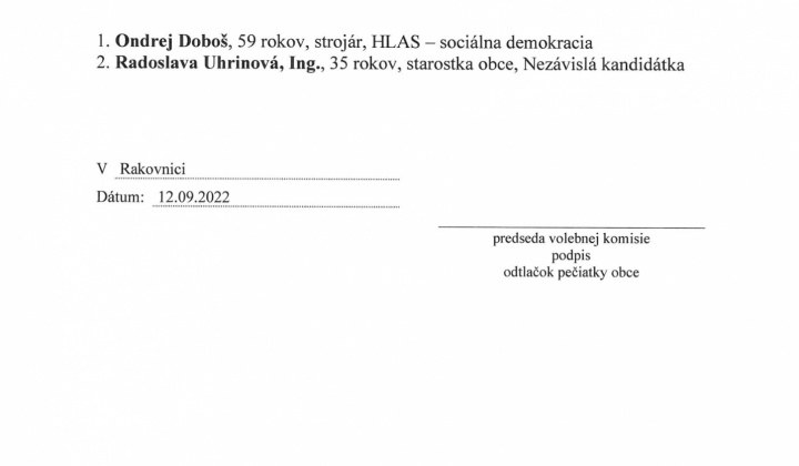 5. fotografia fotogalérie Voľby / Zoznam zaregistrovaných kandidátov pre voľby starostu obce Rakovnica a do Obecného zastupiteľstva Rakovnica , pre voľby predsedu KSK a poslancov do zastupiteľstva KSK, ktoré sa budú konať dňa 29.10.2022 - foto