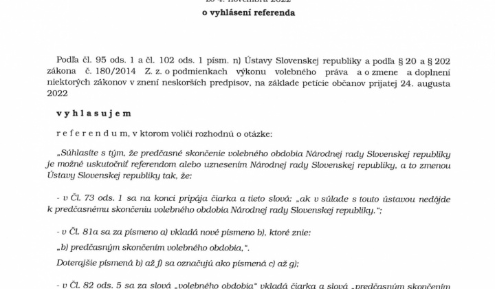 1. fotografia fotogalérie Referendá / Rozhodnutie prezidentky SR – vyhlásenie REFERENDA 21.január 2023 - foto