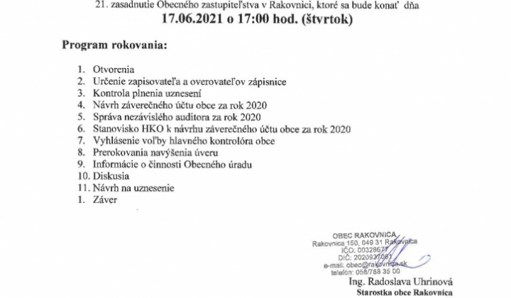 1. fotografia fotogalérie Pozvánka na 21. zasadnutie OZ 17.06.2021 - foto