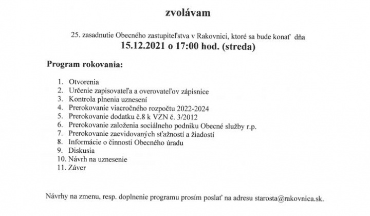 1. fotografia fotogalérie Pozvánka na 25.zasadnutie OZ dňa 15.12.2021 o 17.00 h. - foto