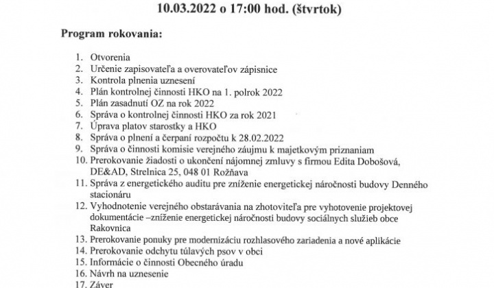 1. fotografia fotogalérie Pozvánka na 27. zasadnutie OZ dňa 10.03.2022 o 17.00 h. - foto