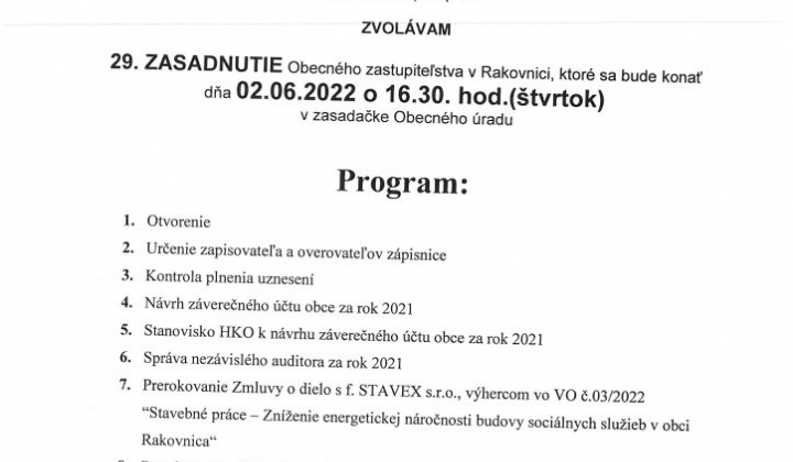 1. fotografia fotogalérie Pozvánka na OZ – 29.zasadnutie 02.06.2022 o 16.30 hod. - foto