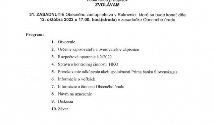 1. fotografia fotogalérie Pozvánka na 31.zasadnutie OZ dňa 12.10.2022 o 17.00 h. - foto