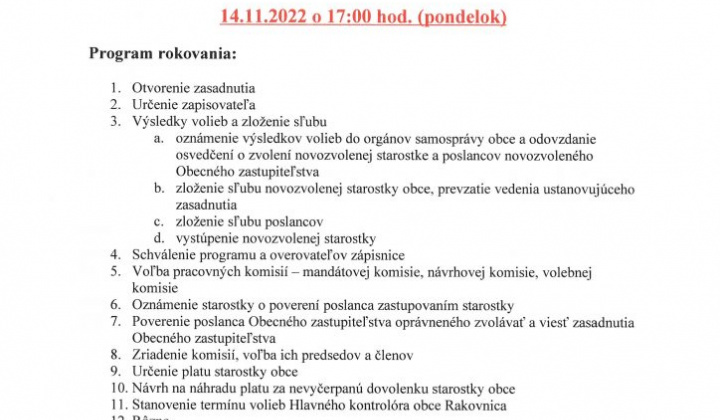 1. fotografia fotogalérie Pozvánka na 1. ustanovujúce zasadnutie OZ 14.11.2022 o 17.00 hod. – PONDELOK - foto