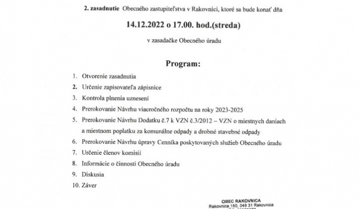 1. fotografia fotogalérie Pozvánka na 2.zasadnutie OZ dňa 14.12.2022 o 17.00 h. - foto