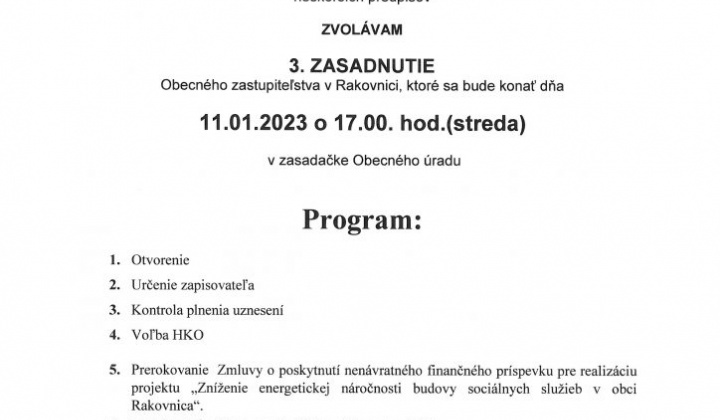 1. fotografia fotogalérie Pozvánka na 3.zasadnutie OZ dňa 11.01.2023 o 17.00 h. - foto