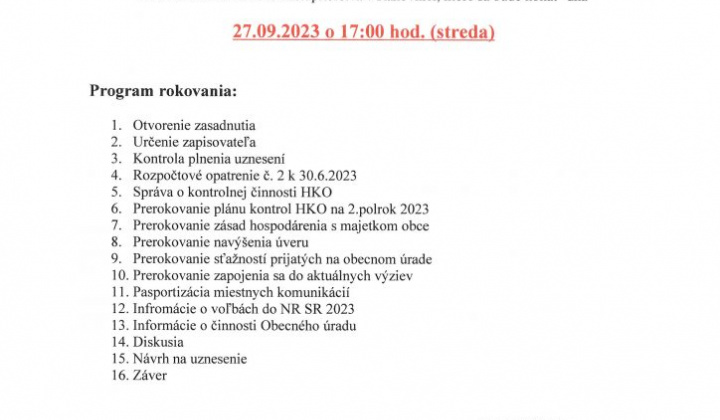 1. fotografia fotogalérie Pozvánka na 6.zasadnutie OZ dňa 27.09.2023 o 17:00 h. - foto