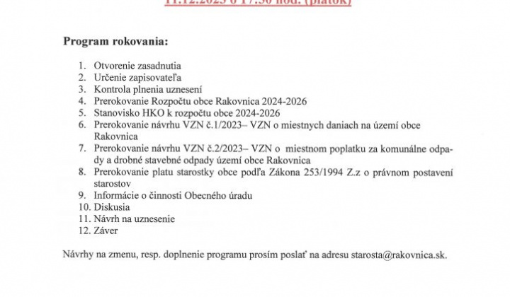 1. fotografia fotogalérie Pozvánka na 8.zasadnutieOZ dňa 11.12.2023 - foto