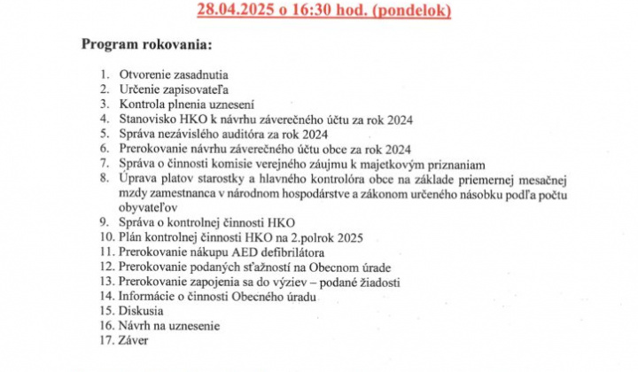 1. fotografia fotogalérie Pozvánka na 14.zasadnutie OZ dňa 28.4.2025 o 16:30 h. - foto