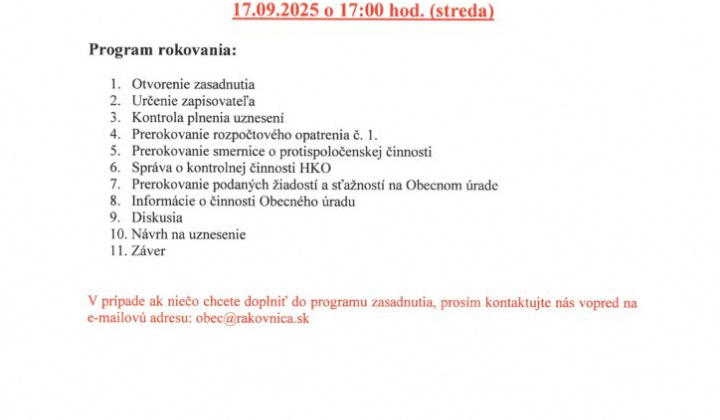 1. fotografia fotogalérie Pozvánka na 16. zasadnutia OZ dňa 17.9.2025 - foto