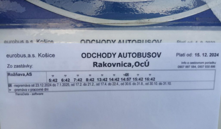 2. fotografia fotogalérie V prílohe Vám zasielame cestovné poriadky regionálnych autobusových liniek prechádzajúcich Vašimi obcami/mestami platné od 15.12.2024. Podrobnejší popis zmien v cestovných poriadkoch jednotlivých liniek nájdete na webovej stránke https://www.eurobus.sk/nov