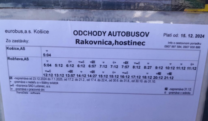 3. fotografia fotogalérie V prílohe Vám zasielame cestovné poriadky regionálnych autobusových liniek prechádzajúcich Vašimi obcami/mestami platné od 15.12.2024. Podrobnejší popis zmien v cestovných poriadkoch jednotlivých liniek nájdete na webovej stránke https://www.eurobus.sk/nov