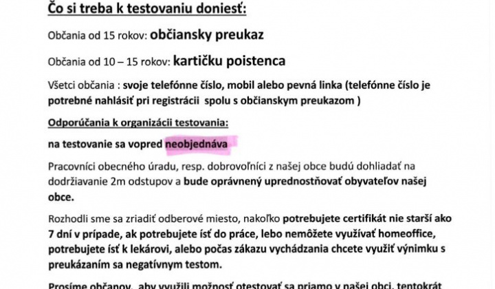1. fotografia fotogalérie Testovanie 13.02.2021 od 07.00  do 12.00 h !!! - foto