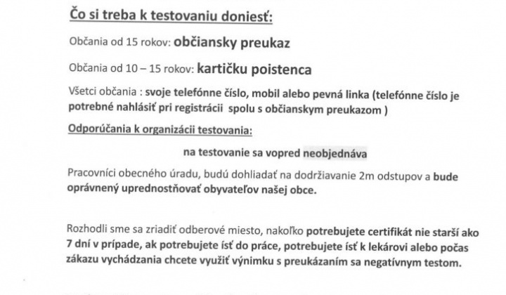 1. fotografia fotogalérie Testovanie na COVID-19 – sobota 20.02.2021 od 7.00 h.  do 13.00 h. !!! - foto