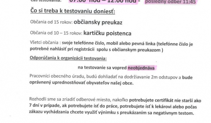 1. fotografia fotogalérie TESTOVANIE !!! – 6.kolo skríningového testovania na COVID-19 -SOBOTA 27.02.2021 od 7.00 h.  do  12.00 h. - foto
