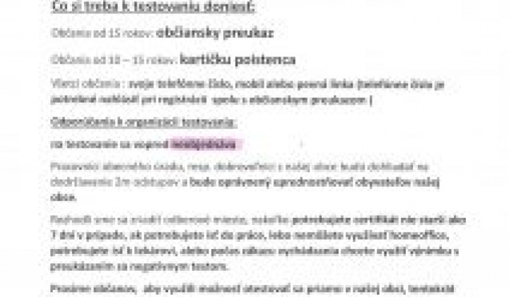 1. fotografia fotogalérie Testovanie na COVID-19 v sobotu 06.03.2021 od 07.00 – 12.00 h. - foto