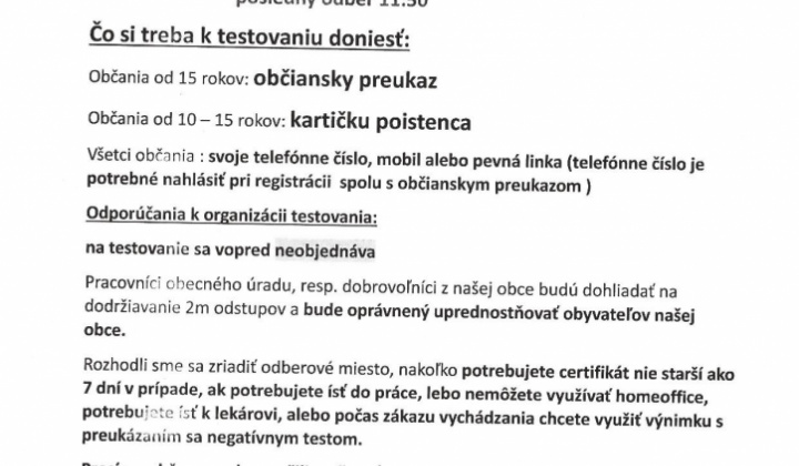 1. fotografia fotogalérie Ďalšie kolo testovania na COVID-19 – SOBOTA 20.03.2021  od 7.00 – 12.00 h. - foto