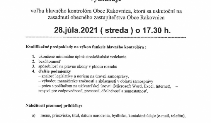 1. fotografia fotogalérie Vyhlásenie voľby Hlavného kontrolóra obce Rakovnica – 28.júla 2021 o 17.30 h. - foto