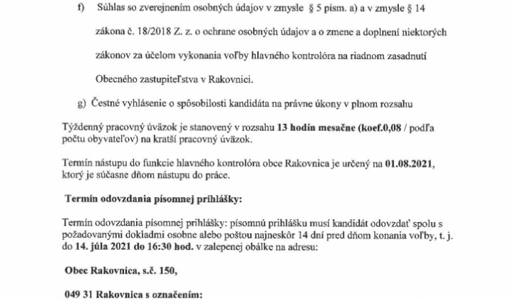 2. fotografia fotogalérie Vyhlásenie voľby Hlavného kontrolóra obce Rakovnica – 28.júla 2021 o 17.30 h. - foto