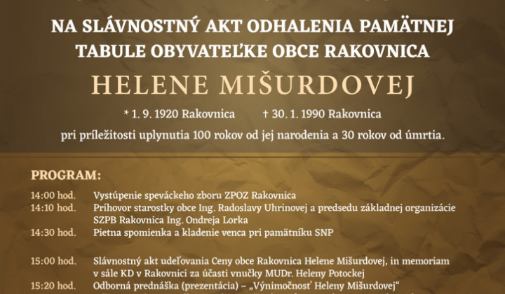 1. fotografia fotogalérie Pozývame Vás na Slávnostný akt kladenia venca pri pamätníku SNP a odhalenia pamätnej tabule p. Helene Mišurdovej IN MEMORIAM…                       29. august 2021 NEDEĽA - foto