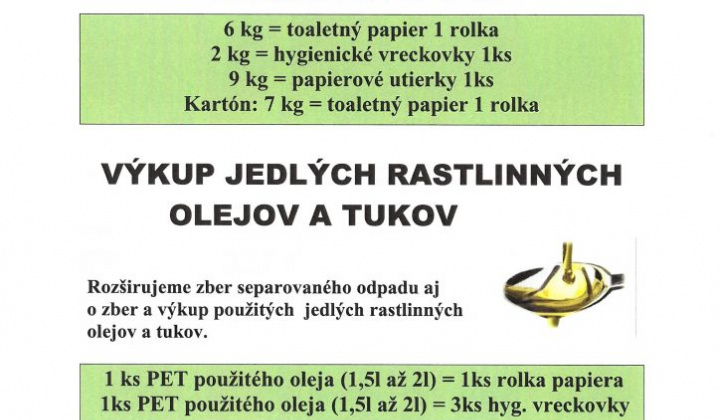 1. fotografia fotogalérie ZBER PAPIERA A JEDLÝCH RASTLINNÝCH OLEJOV A TUKOV 22.2.2022 – UTOROK od 08.00 h - foto