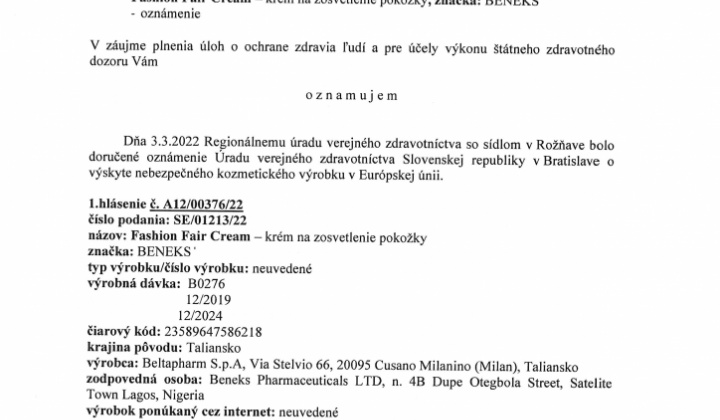 1. fotografia fotogalérie RÚVZ v Rožňave upozorňuje na výskyt nebezpečných kozmetických výrobkov… - foto