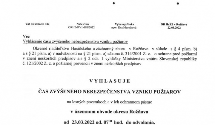 1. fotografia fotogalérie Okresné riaditeľstvo hasičského a záchranného zboru v Rožňave vyhlasuje čas zvýšeného nebezpečenstva vzniku požiarov…. - foto