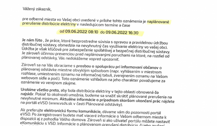 1. fotografia fotogalérie VSD informuje o odstávke elektriny – 9.6.2022 od 8:10h. do 16.30 hod. - foto