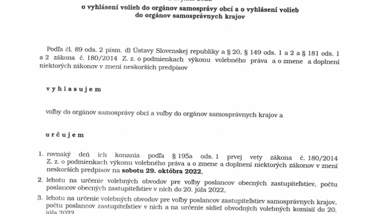 1. fotografia fotogalérie Rozhodnutie predsedu NR SR z 8.júna 2022 o výhlásení volieb do orgánov samosprávy obcí a do orgánov samosprávnych krajov - foto