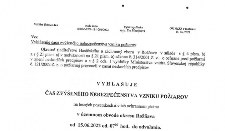 1. fotografia fotogalérie Vyhlásený Čas zvýšeného nebezpečenstva vzniku požiarov - foto