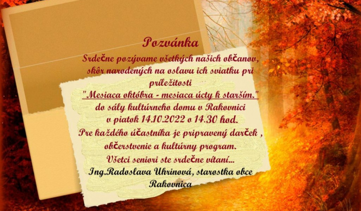 1. fotografia fotogalérie Pozývame všetkých občanov nad 62 rokov na oslavu ich mesiaca „Október – mesiac úcty k starším“ do sály kultúrneho domu v piatok 14.10.2022 o 14.30 h. - foto