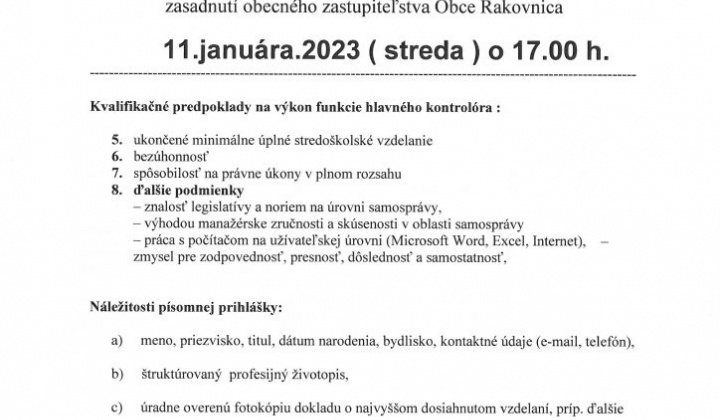 1. fotografia fotogalérie Vyhlásenie Voľby Hlavného kontrolóra obce Rakovnica na  deň 11.januára 2023 - foto
