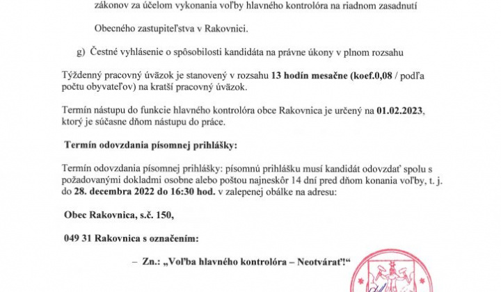 2. fotografia fotogalérie Vyhlásenie Voľby Hlavného kontrolóra obce Rakovnica na  deň 11.januára 2023 - foto