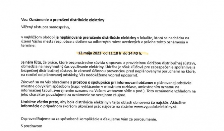 1. fotografia fotogalérie Oznámenie o prerušení distribúcie ELEKTRINY dňa 12.5.2023 od 11.10.h. do 14.40 h.  čísla domov: 31-69 , 128-142, 147,186,188,197-207, 219, 222,227, 237, 245,259,271, - foto