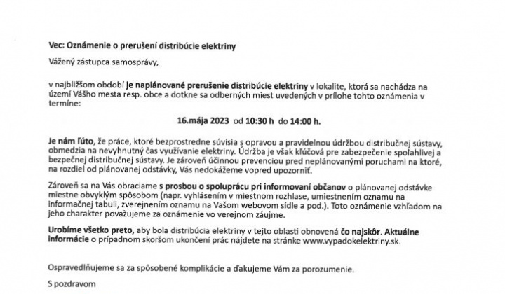 1. fotografia fotogalérie Oznámenie o prerušení distribúcie ELEKTRINY: dňa: 16.mája 2023 od 10.30h. do 14.00 h. , č.domov: 70-127, 221, 224-226, 230, 232, 244, 355, 364 - foto