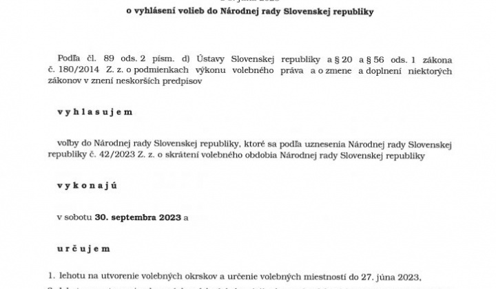 1. fotografia fotogalérie Rozhodnutie predsedu NR SR o vyhlásení volieb do NR SR 2023 - foto