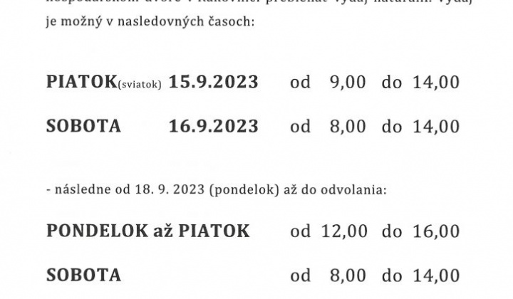 1. fotografia fotogalérie Oznam o výdaji NATURÁLIÍ od piatka 15.09.2023 - foto