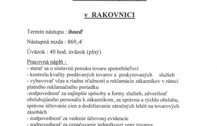 1. fotografia fotogalérie Ponuka pracovného miesta – Coop Jednota – obchod Rakovnica – vedúca/ci predajne… - foto