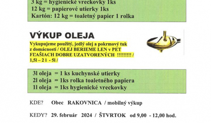 1. fotografia fotogalérie Výkup PAPIERA A OLEJOV dňa 29.2.2024 - foto