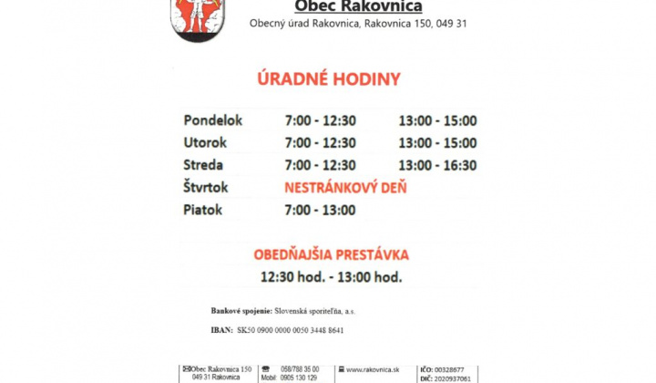 1. fotografia fotogalérie Zmena otváracích hodín na Obecnom úrade v Rakovnici - foto