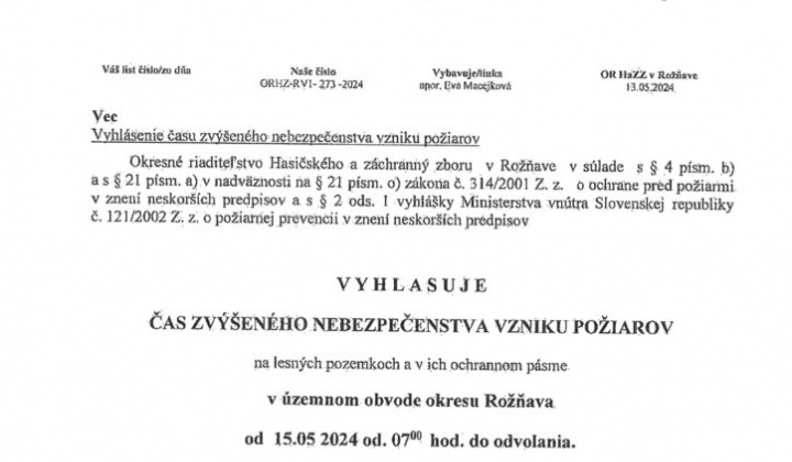 1. fotografia fotogalérie Vyhlásenie času zvýšeného nebezpečenstva vzniku požiaru - foto