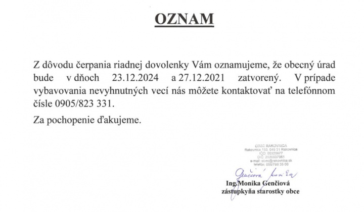 1. fotografia fotogalérie Obecný úrad ZATVORENÝ dňa 23.12.2024 a 27.12.2024… - foto