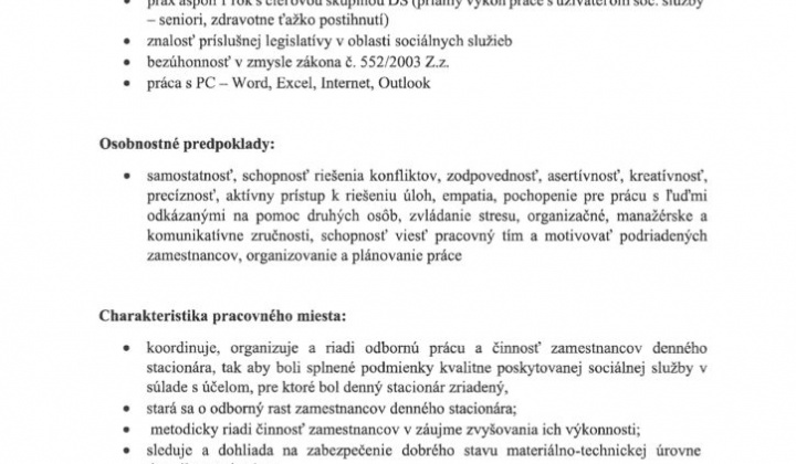 1. fotografia fotogalérie VYBAVENÉ !!! Vyhlásenie výberového konania na pozíciu Vedúceho/cej denného stacionari v Rakovnici sa predlžuje, nakoľko sa zatiaľ táto pozícia ešte nepreobsadila. Termín na zasielanie žiadosti sa predlžuje do stredy 28.5.2025 !!!                           