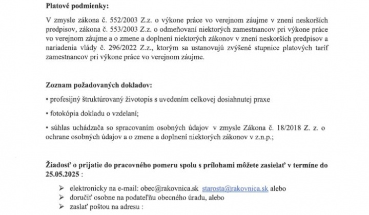 2. fotografia fotogalérie VYBAVENÉ !!! Vyhlásenie výberového konania na pozíciu Vedúceho/cej denného stacionari v Rakovnici sa predlžuje, nakoľko sa zatiaľ táto pozícia ešte nepreobsadila. Termín na zasielanie žiadosti sa predlžuje do stredy 28.5.2025 !!!                           