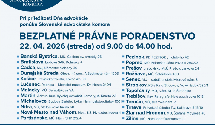 1. fotografia fotogalérie Aktuality / JUDr. Andrea Oroszová  advokátka dáva  do pozornosti podujatie organizované pri príležitosti Dňa advokácie, ktoré ponúka Slovenská advokátska komora. Ide o BEZPLATNÉ PRÁVNE PORADENSTVO, v rámci ktorého budú s kolegami poskytovať právne poradens
