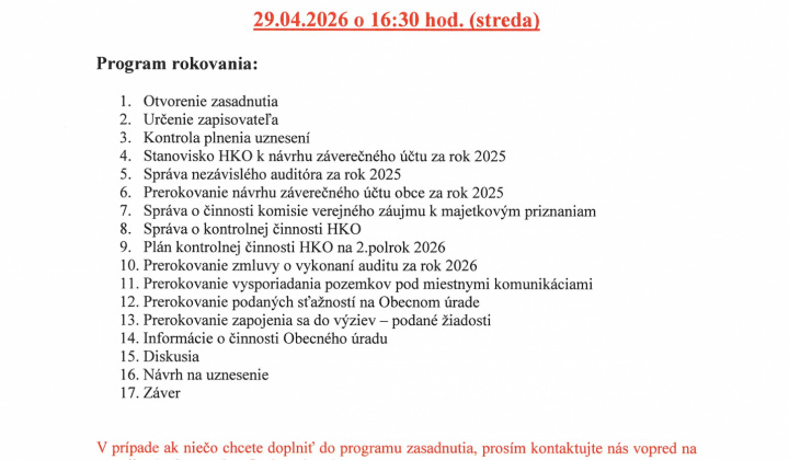 1. fotografia fotogalérie Aktuality / Pozvánka na 21.zasadnutie OZ dňa 29.4.2026 - foto