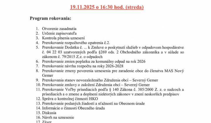 Fotka - Pozvánka na 18.zasadnutie OZ dňa 19.11.2025 o 16.30 h.