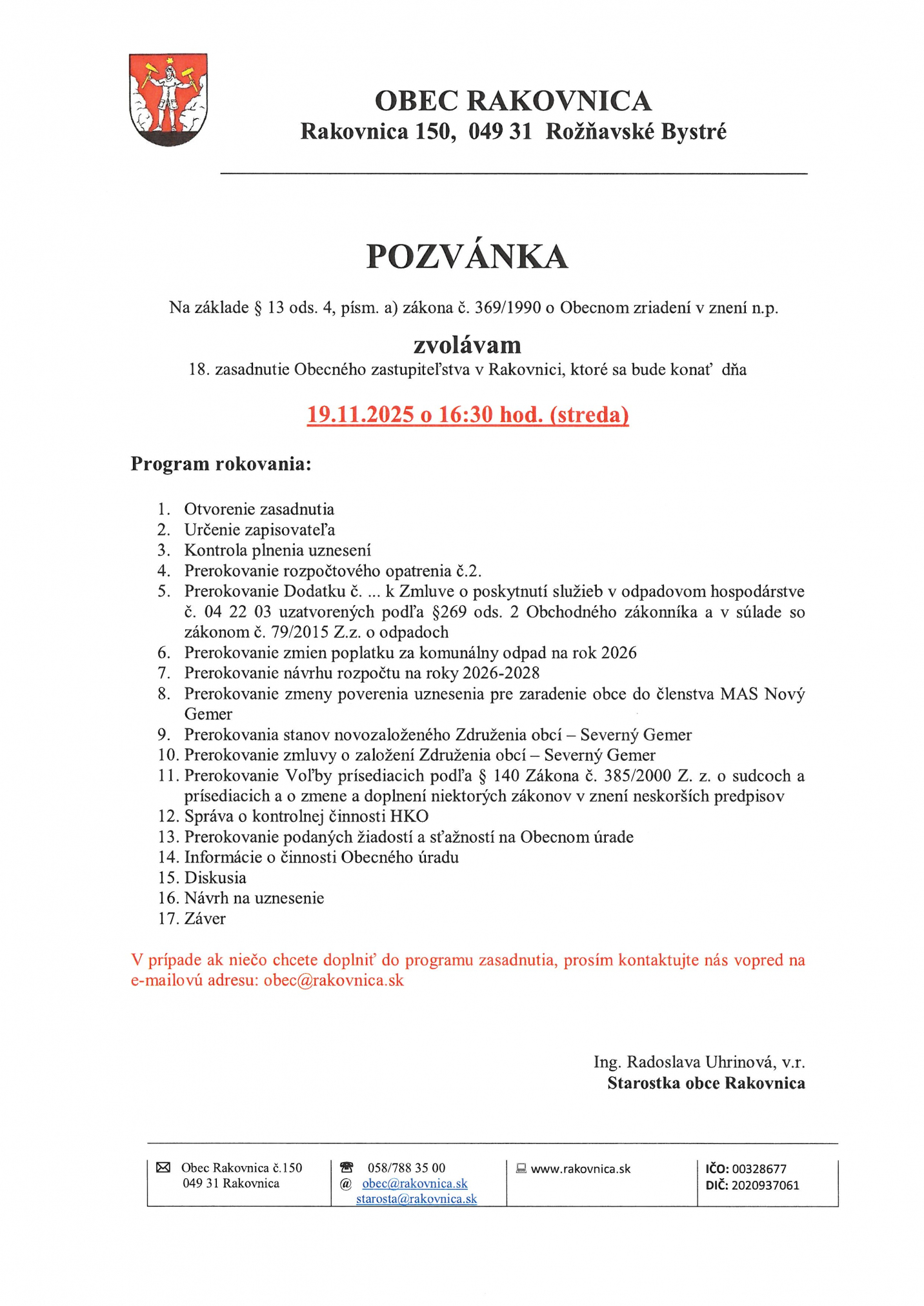 Fotka - Pozvánka na 18.zasadnutie OZ dňa 19.11.2025 o 16.30 h.