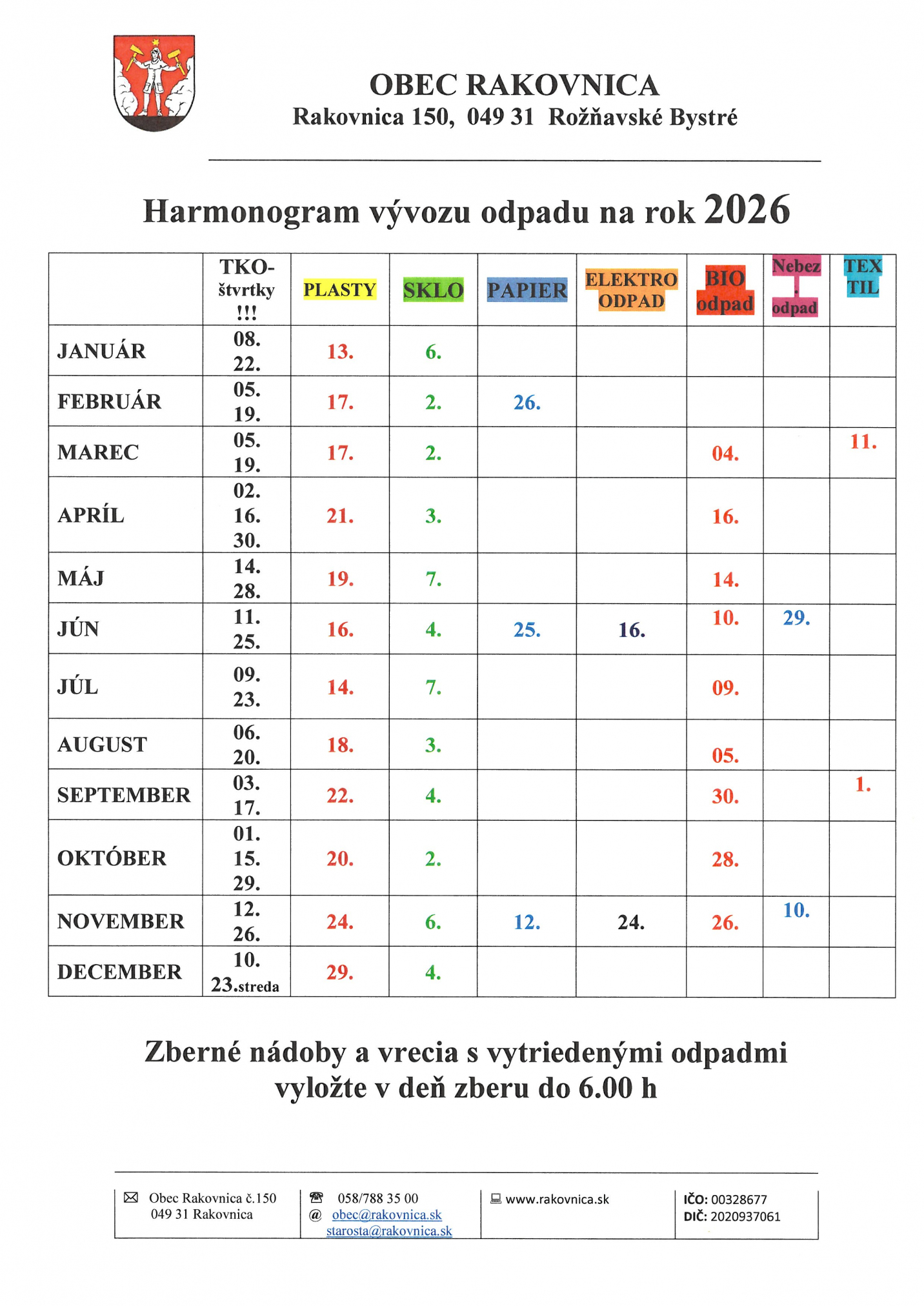 Fotka - HARMONOGRAM VýVOZU Tko 2026