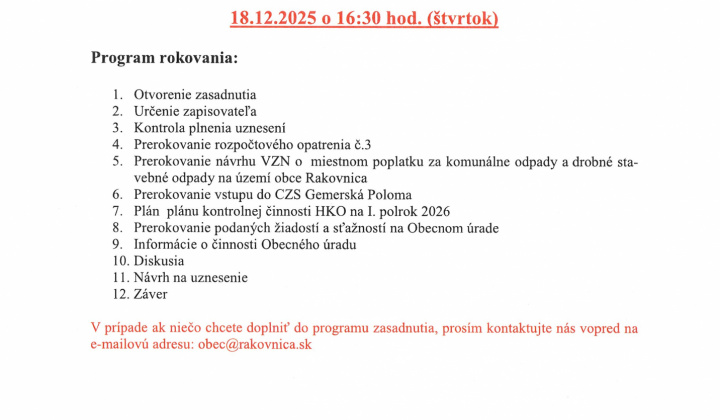 Fotka - Pozvánka na 19.zasadnutie OZ dňa 18.12.2025 o 16.30 h.